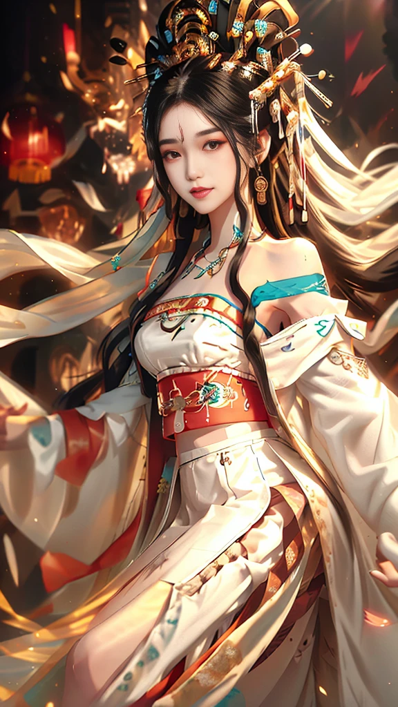 （Girl in traditional Chinese costume）, （The peerless beauty Yang Guifei）,Hanfu ,Long black hair, Iris, black bun hairstyle, hair accessory ,White Diamond Earrings, Bangle Diameter, Deer Necklace, Clear Eyes, Look forward,Putting on makeup, Long eyelashes ,(Long shoulder coat:1.5), (White mini skirt:1.5), ((whole body)), ((From below))ฃ, Clear Face, , (Very beautiful face, Beautiful mouth, Beautiful Eyes), Detailed face, ((super fine muscle)), In the Dark, Deep Shadow, Chinese beautiful girl (Slim figure 1.6) ,（Ample breasts, Cleavage）,Sexy slim beautiful legs、Elegant posture (Laugh brightly) (City Night (Neon Light)) (at night ),