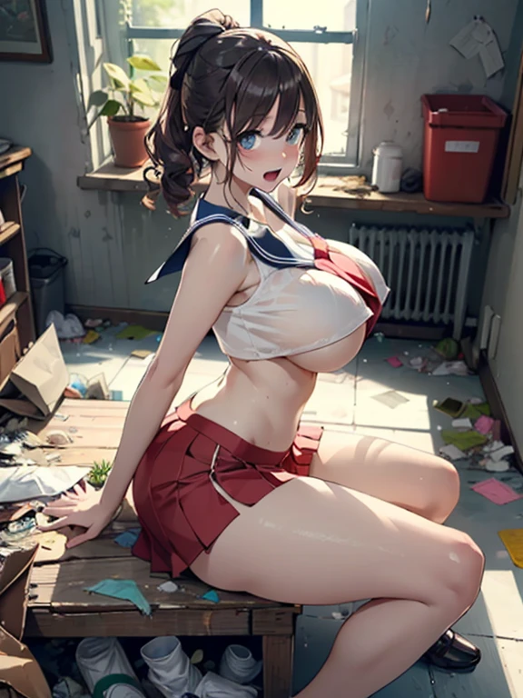 (8k, Super RAW photo, best quality, masterpiece, soft cinematic lighting, soft color:1.4),(from above:1.6),( POV,looking  at viewer:1.7),(detaileds beautiful eyes focus,Close-up beautiful eyes:1.6),(realistic), (dark room,room full of trash background:1.７), (solo, mature woman,19years old,super beautiful face,super detaild beautiful eyes :1.5), {sailor uniform:1.1),(show off nipple:0.5),low-cut miniskirt,sheer :1.3}, (embarrassed,red Cheeks:1.25), clean skin, (smaller butt:0.5),(coverd nipple:0.8),(sagging huge long wide heavy breasts:1.5),(under boob:1.8), (thick, curvy:1.35),(1boy,sex,open leg:1.5),(open mouth:1.2),(arms behind back:0.8),(sitting,on side:1.7),