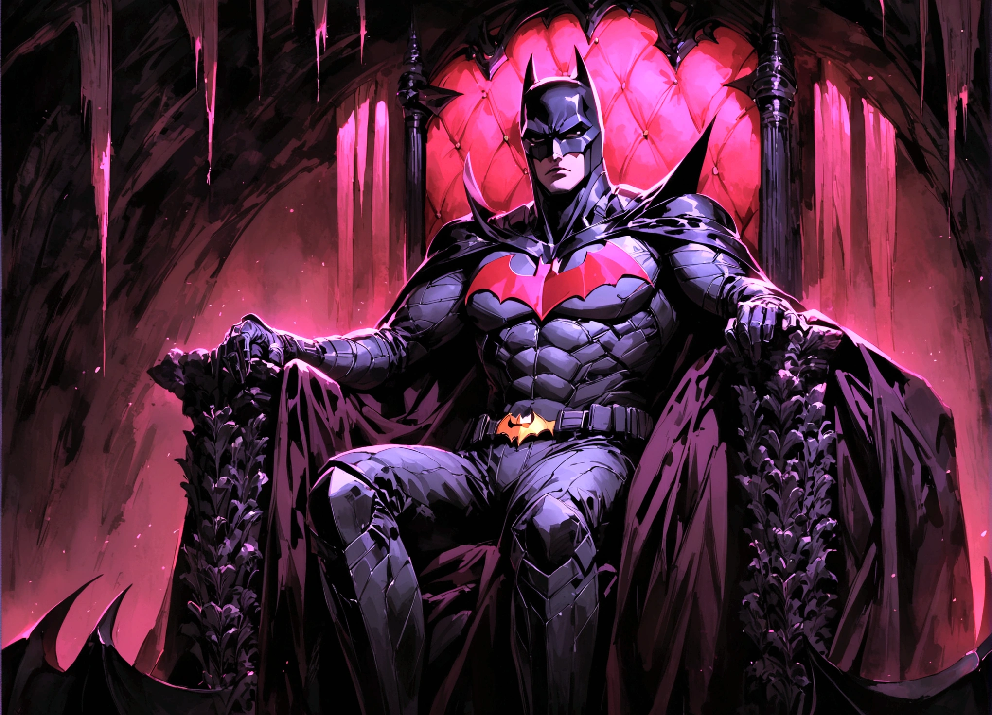 DC character Batman, sitting up on a comfortable bat themed opulent throne. Set in the gadget filled Bat Cave. Dark, gritty, moody
