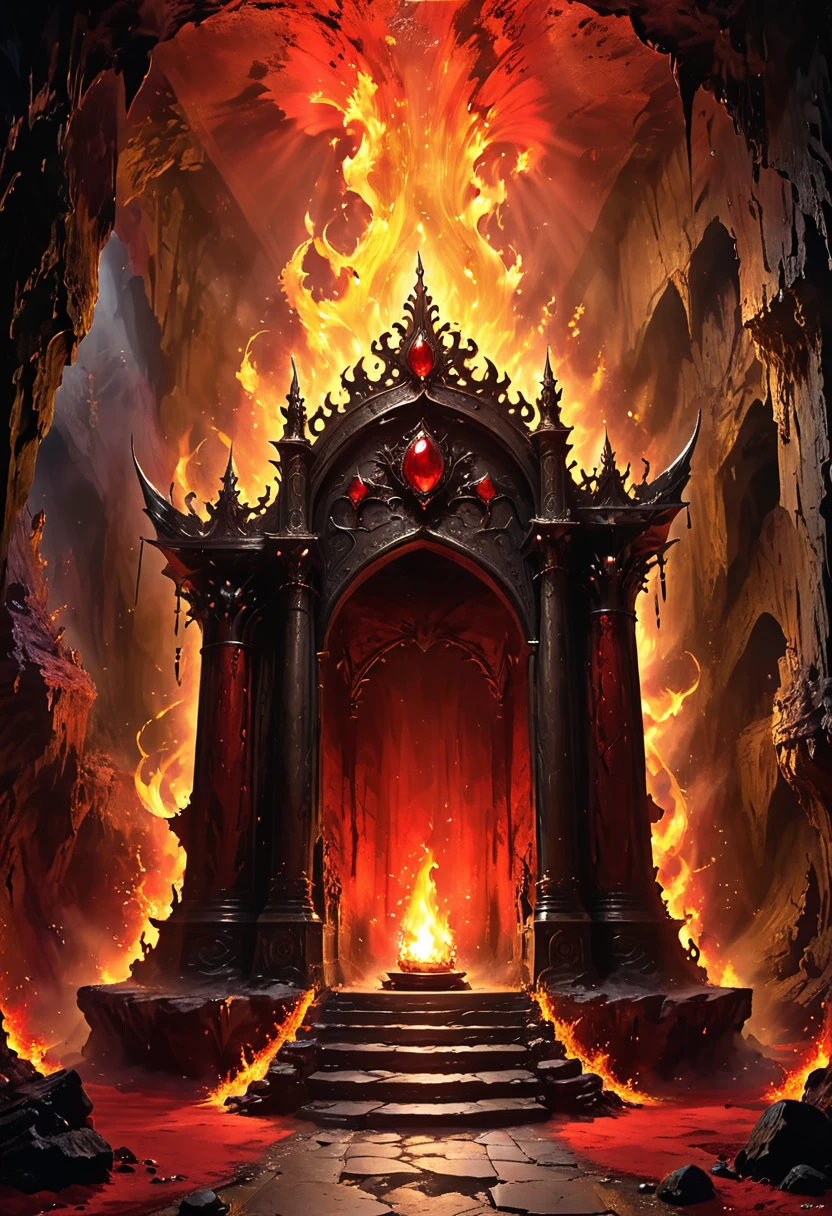 Cave,Underground Kingdom,Gothic style:High,(((Throne of Fire:1.37,gem,gold))),red,Dust,Majestic,