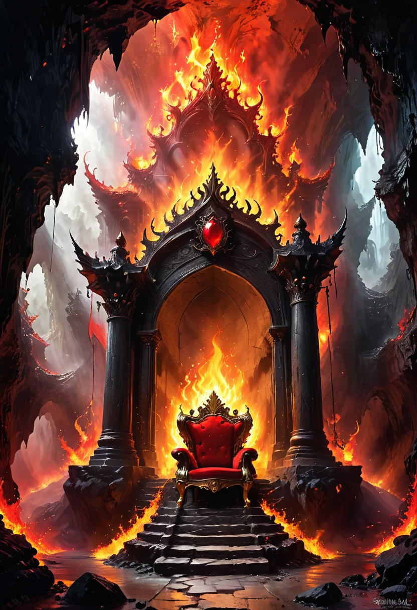 Cave，Underground Kingdom，Gothic style：High，(((Throne of Fire：1.37，gem，gold)))，red，Dust，Majestic，