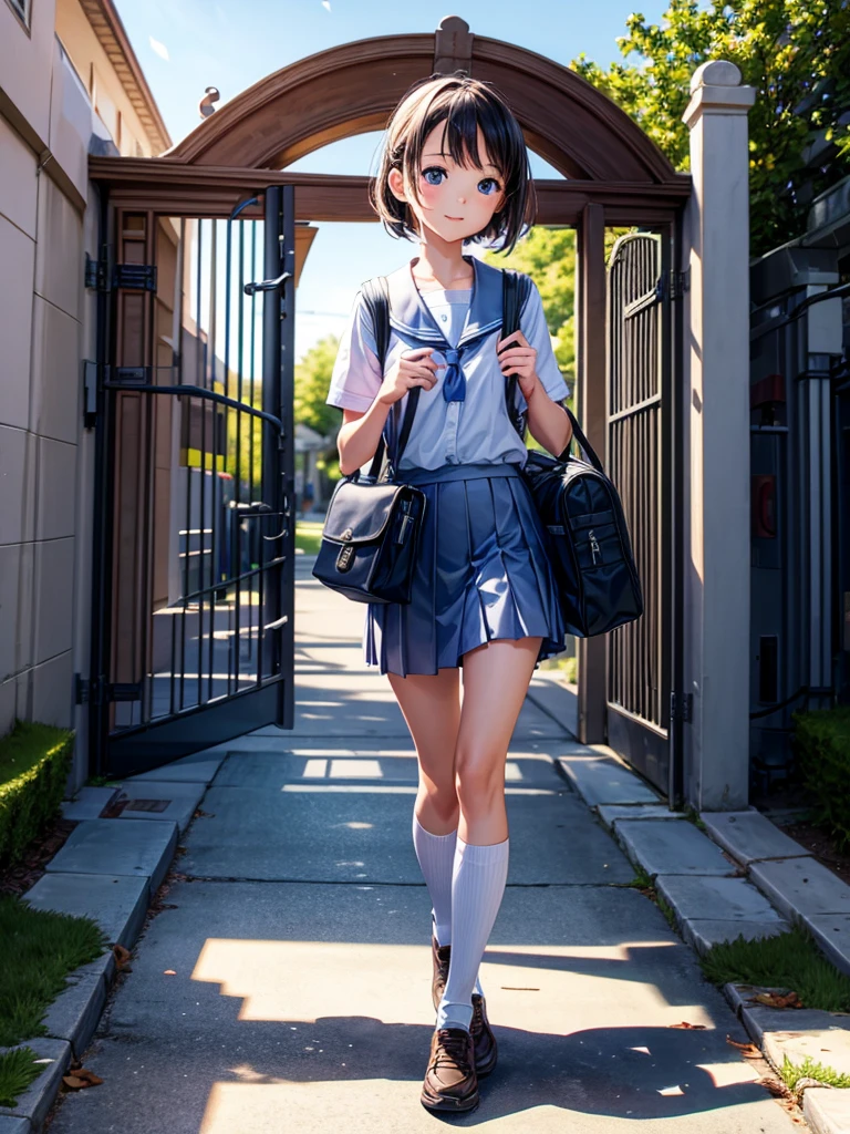 Highest quality,Highest Resolution,I enter the gates of the elementary school with my school bag on.,