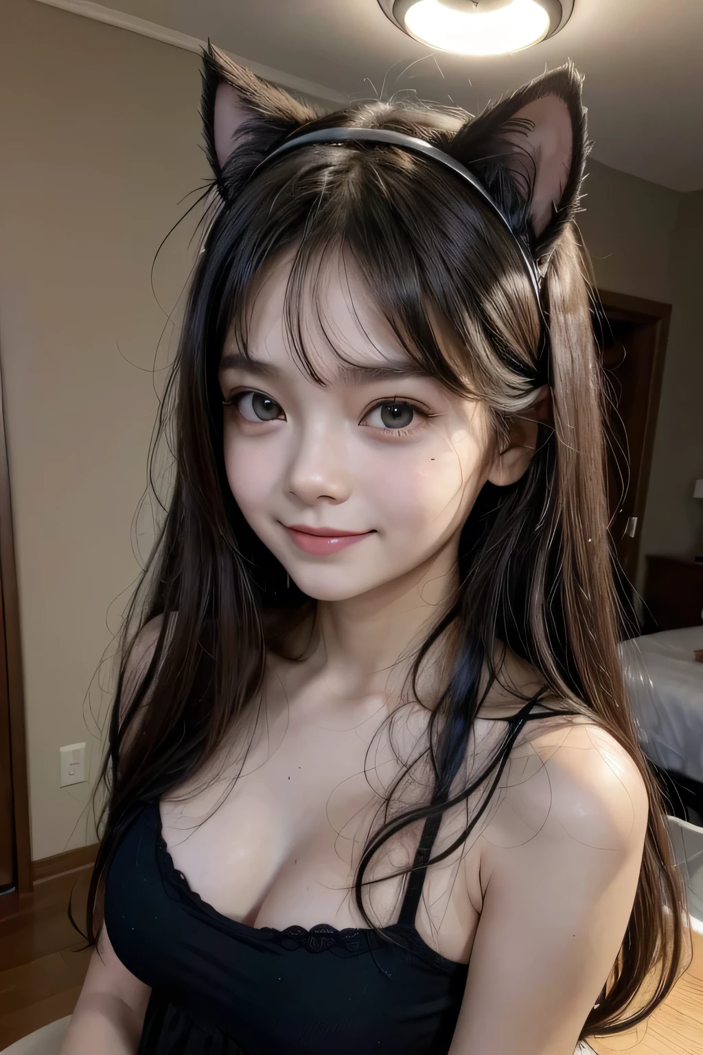 best qualityer, criança, black hair, long hair, , small, Linda, Grinning, whole body, nova, smallbreast, Messy hair, photoshot, real light, realisitic, fine-detailed, good lighting environment, lampshade, ful dressed, cat ears tiara, baby face seamless, Linda, skin detailed, pele realisitic, perfect