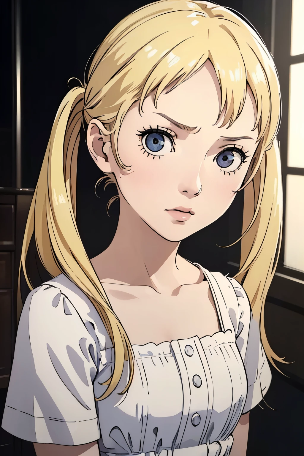 girl, blonde hair, white dress, pigtails, (best quality,4k,8k,highres,masterpiece:1.2),ultra-detailed,(realistic,photorealistic,photo-realistic:1.37),highly detailed face, vibrant colors, natural lighting, portrait, angry expression, full body, body ultra-detailed, body, , kid, angry