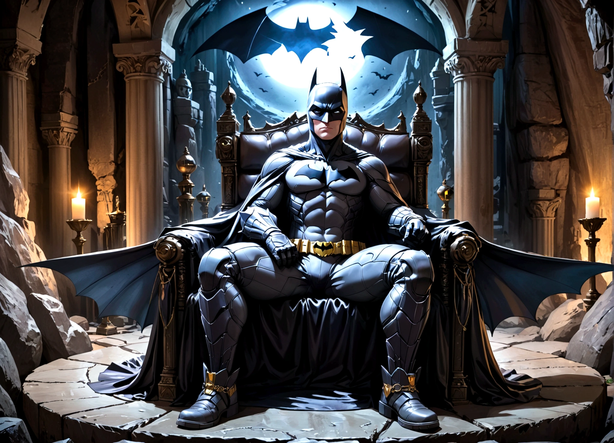 DC character Batman, sitting up on a comfortable bat themed opulent throne. Set in the gadget filled Bat Cave. Dark, gritty, moody