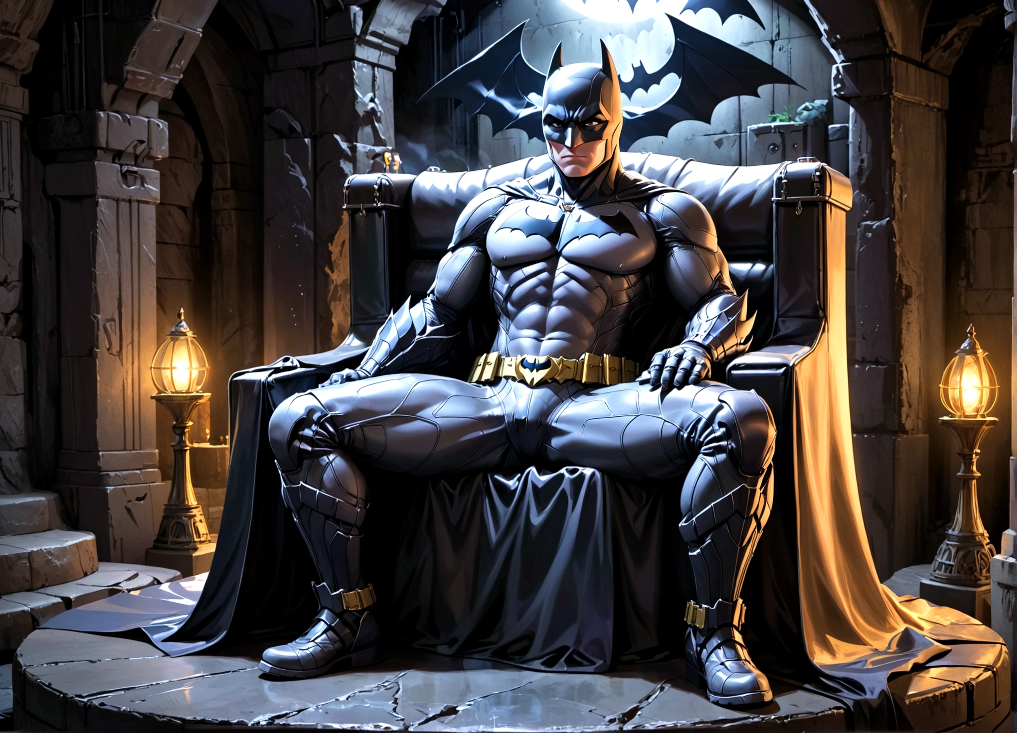 DC character Batman, sitting up on a comfortable bat themed opulent throne. Set in the gadget filled Bat Cave. Dark, gritty, moody
