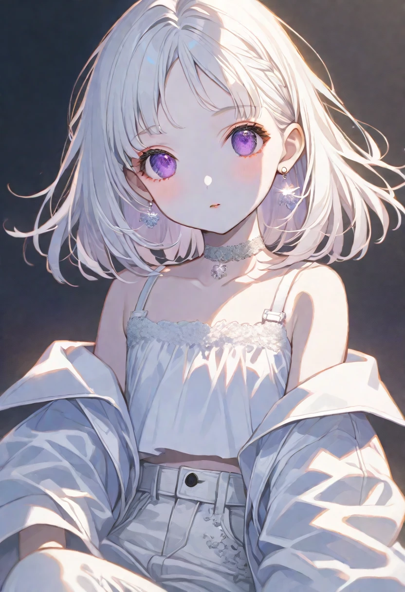 solo, handsome, 1. Female, Hime cut,Straight Hair,Bob Hair, White hair, Nakano Yotsuba, purple Eyes,Soft look,beautiful,beautiful,Sexy,Darkness,Lots of silver earrings,choker, White Off Shoulder,White Distressed jeans,Bra, White skin, black background,