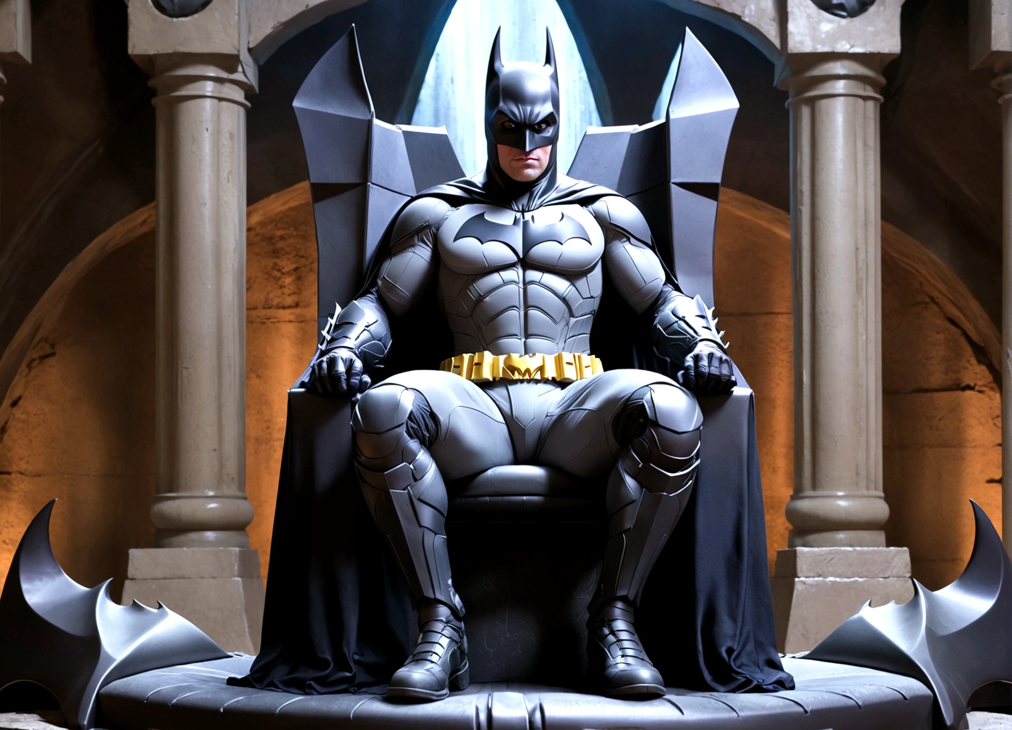 DC character Batman, sitting up on a comfortable bat themed opulent throne. Set in the gadget filled Bat Cave. Dark, gritty, moody