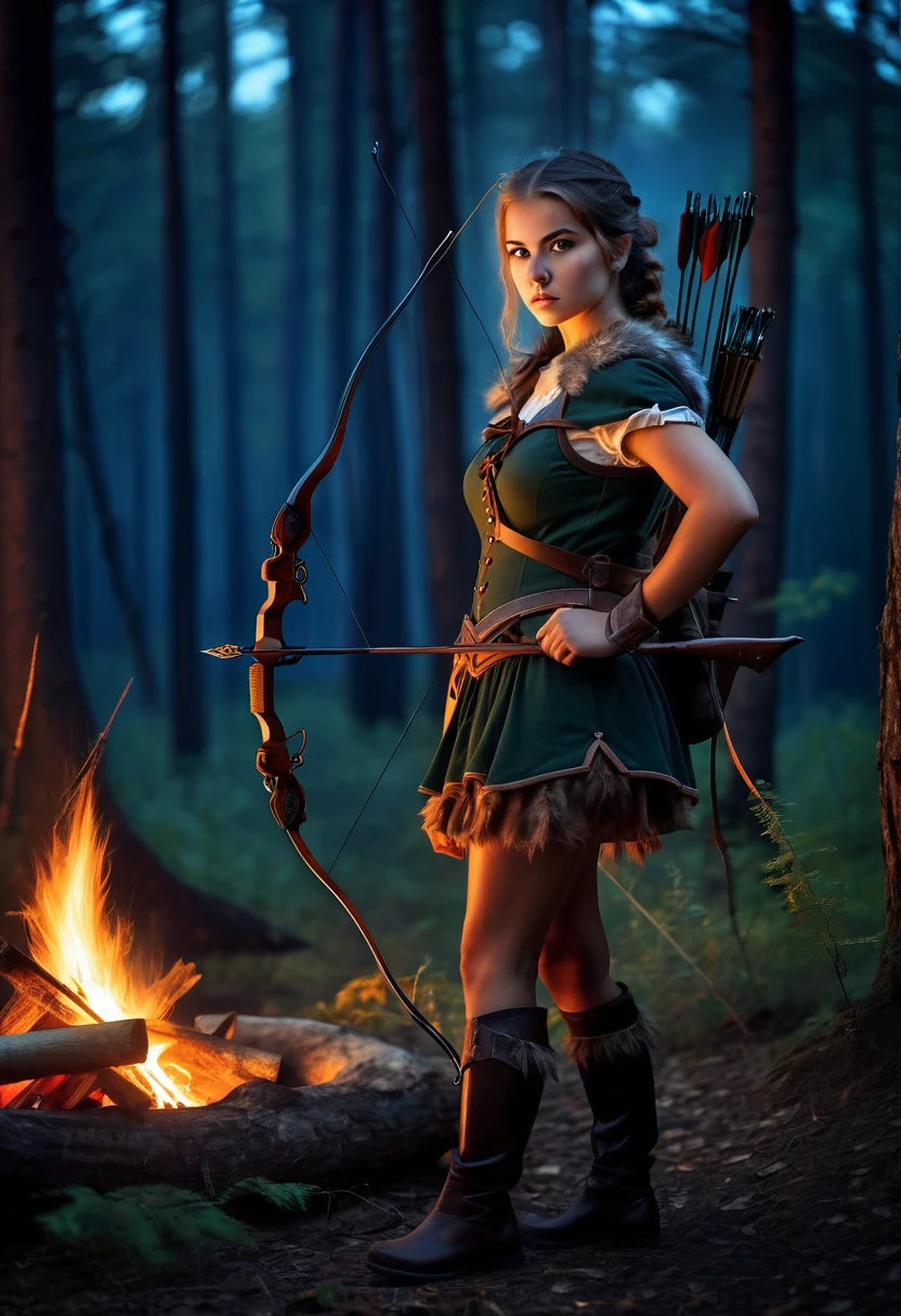 Highest quality　Fantasy　Young female hunter with a bow　Staring at a bonfire　 　The background is a night forest