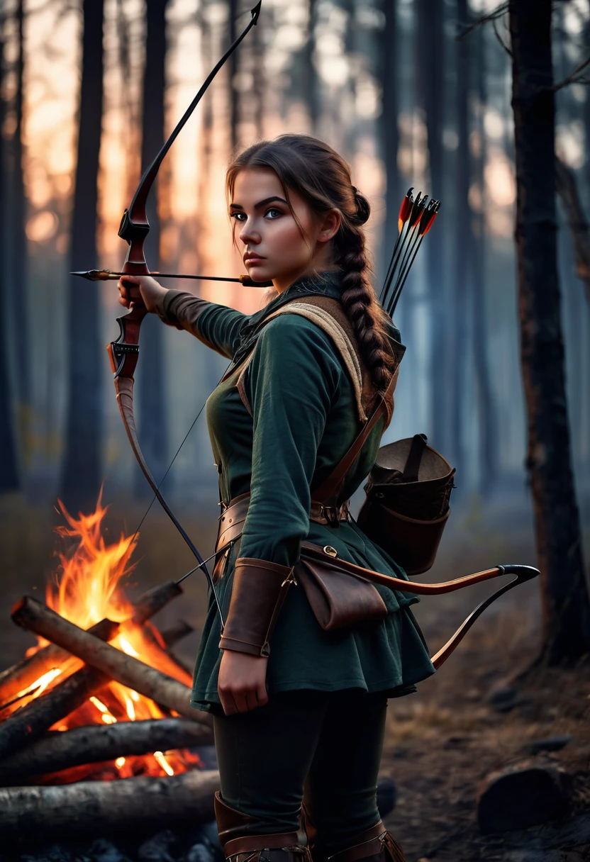 Highest quality Fantasy Young female hunter with a bow Staring at a bonfire The background is a night forest