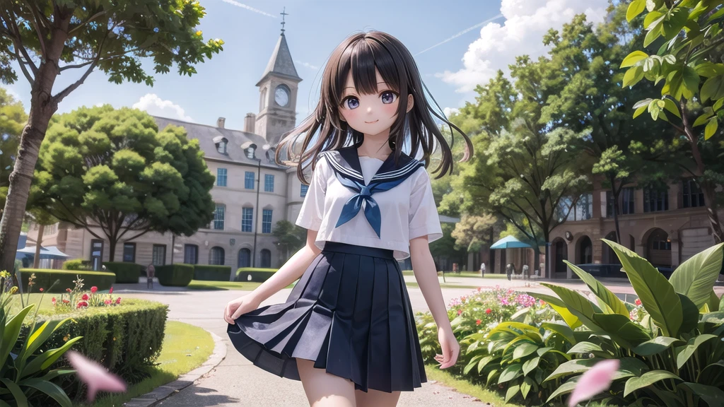 (masterpiece), town, blue sky, One Girl, smile, alone, Sailor suit、Long skirt, Overgrown, petal, plant、Skirt lining、Translucent slip、Nostalgic、Strong winds、Skirt fluttering in the wind