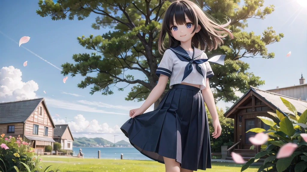 (masterpiece), town, blue sky, One Girl, smile, alone, Sailor suit、Long skirt, Overgrown, petal, plant、Skirt lining、Translucent slip、Nostalgic、Strong winds、Skirt fluttering in the wind
