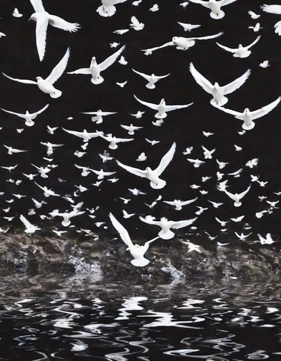 many white birds flying in black water,