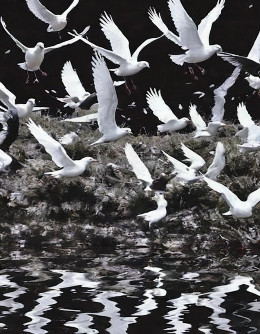 many white birds flying in black water,