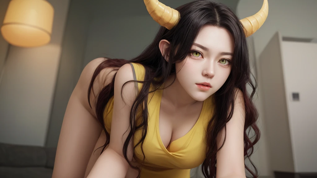 Screenshot of the anime My Hero Academia woman with long wavy half red half black hair slanted golden eyes with yellow horns