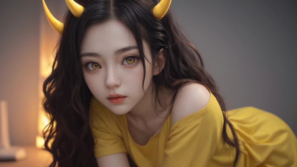 Screenshot of the anime My Hero Academia woman with long wavy half red half black hair slanted golden eyes with yellow horns 