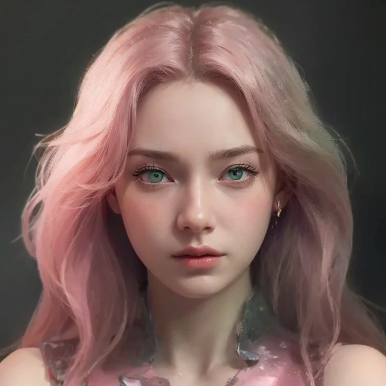 young woman, short shoulder-length pink hair, wide forehead, porcelain skin, pink eyebrows, big emerald green eyes, buttoned nose, full lips, heart-shaped face, slender body, small breasts, red tank top, Sakura Haruno , realistic, realism, details, 3d, well detailed
