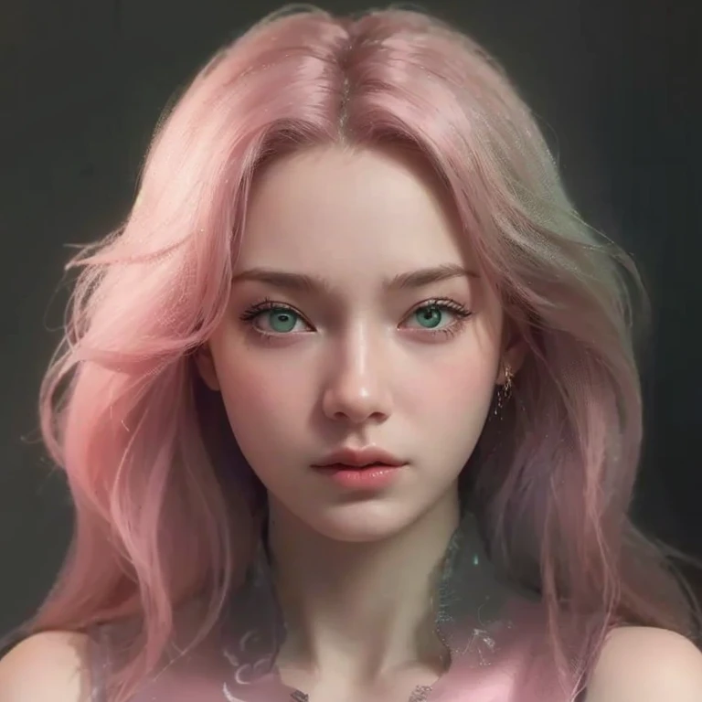 young woman, short shoulder-length pink hair, wide forehead, porcelain skin, pink eyebrows, big emerald green eyes, buttoned nose, full lips, heart-shaped face, slender body, small breasts, red tank top, Sakura Haruno , realistic, realism, details, 3d, well detailed
