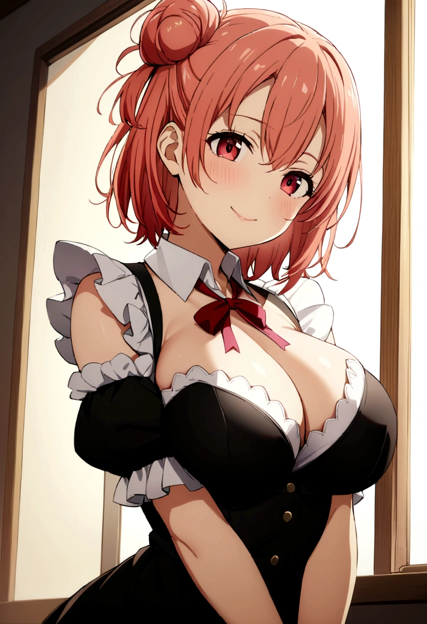 One Woman, Highest quality, masterpiece, Ultra HD, Beautiful breasts, Cleavage, anime, Forehead visible, super beautiful, high school girl, Beautiful breasts, Shapely breasts, Upper Body, Maid clothes, , short hair, Gal, smile, Yuigahama Yui, 