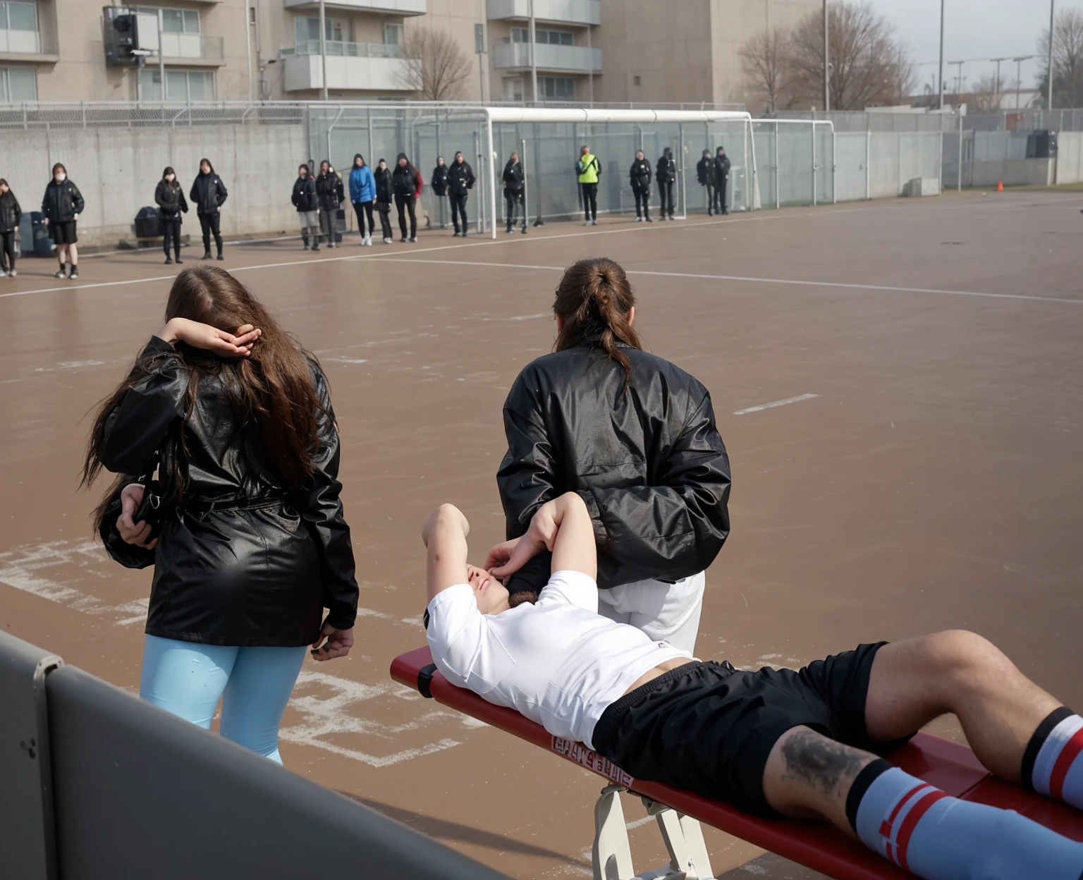 There is a man lying on a stretcher with his hands crossed over his face, a man in a t-shirt and sports shorts has crossed his hands over his face, the man has an agonised face under his hands, two longhaired and ponytailed women that are wearing very shiny coats, there are longhaired women wearing laquered puffy coats, longhaired women are walking in wetlook puffy coats, several women walking around a football field with an injured athlete on a stretcher, the injured athlete on the stretcher covers his face with both hands, the women look very worried, behind the women there is a frightening atmosphere, there is heavy rainfall in the background, video still