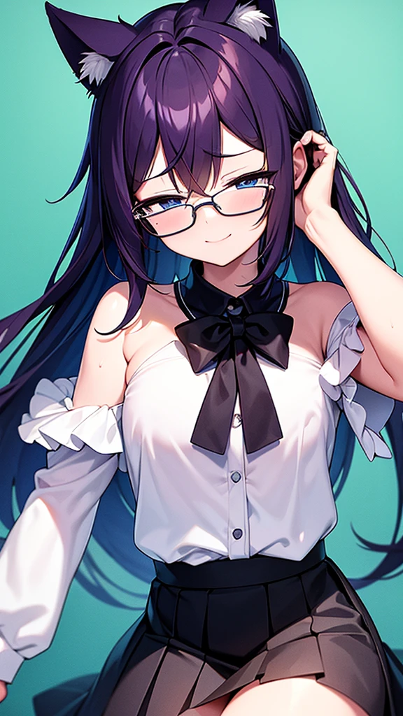 (Masterpiece), (best quality), 18 year old cat girl, long dark purple hair, blue eyes, solid round eyes, smile softly, shadow, 8K, Awesome details, precise, best quality, UHD, textured skin, Black glasses, Black cropped shirt, Shoulder-showing shirt, Very short black school skirt 