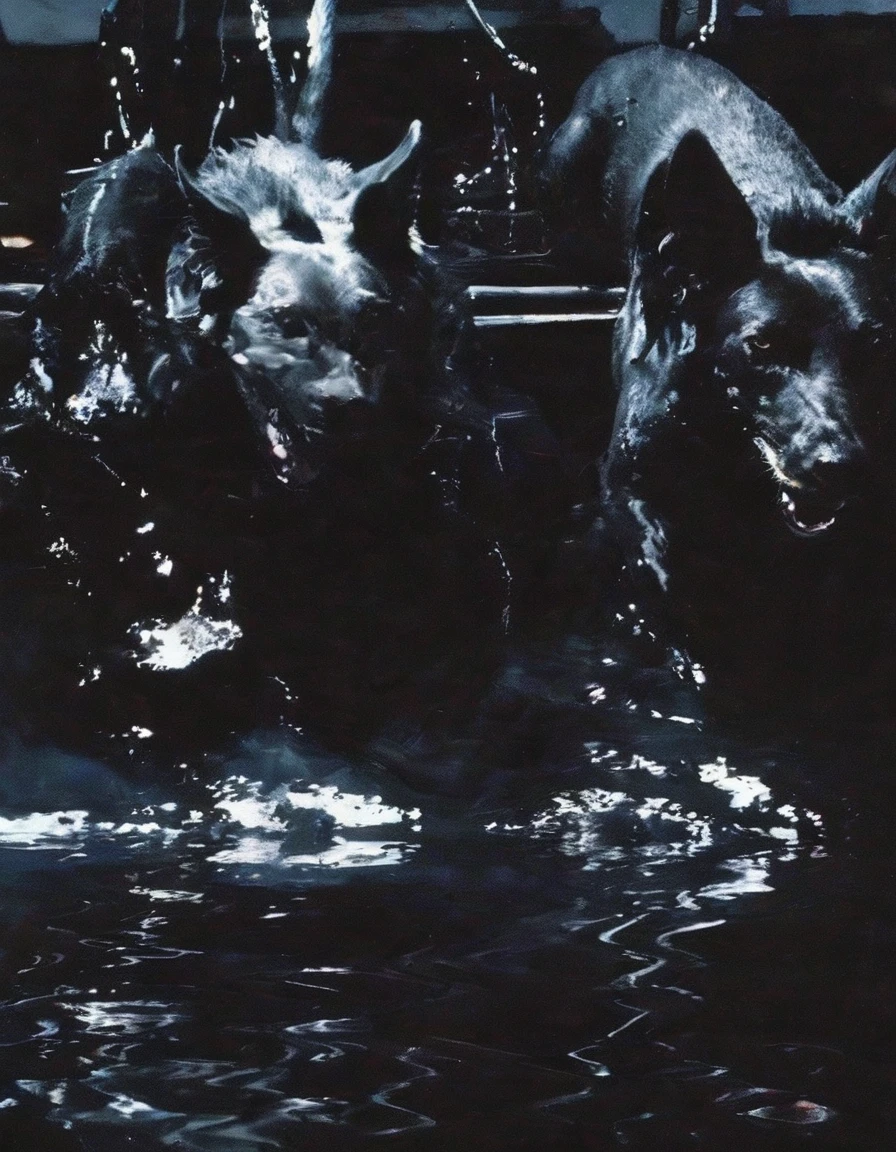angel and devil flying in black water,