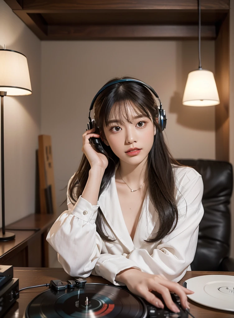 An immersive and stylish scene featuring a person enjoying high-quality headphones. The person is comfortably seated in a modern, cozy room, surrounded by soft lighting and minimalist decor. They are deeply absorbed in their music, with a look of pure contentment and relaxation on their face. The headphones are sleek and modern, with a luxurious finish, and the overall ambiance suggests a premium listening experience. The background includes subtle elements that highlight a love for music, such as a record player, vinyl records, or musical notes subtly incorporated into the design