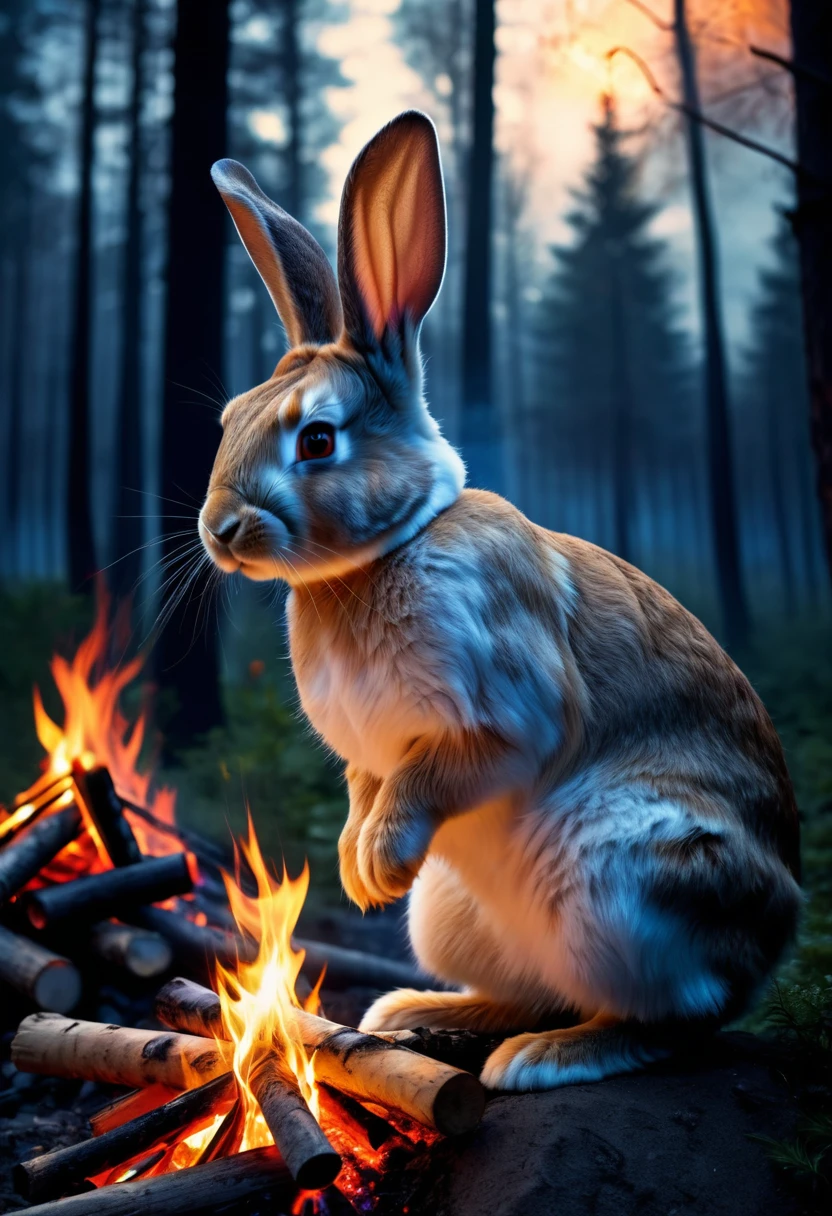 Highest quality Fantasy rabbit Staring at a bonfire The background is a night forest
