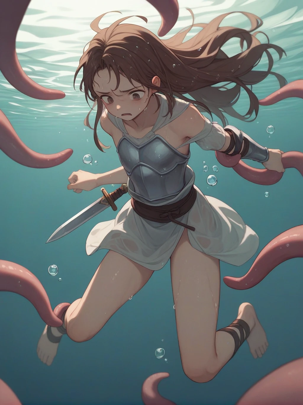 Partially underwater,最high quality,high quality, , Long Hair, Brown Hair, Wet Hair, Flat Chest,Dark underground labyrinth,No light,Cloth armor,Equipped with a dagger and a shield,Face above water,Body in water, Underwater Photography,The robe rolls up due to buoyancy,Painful face、My leg is pulled by tentacles、Being dragged into the water、Go wild