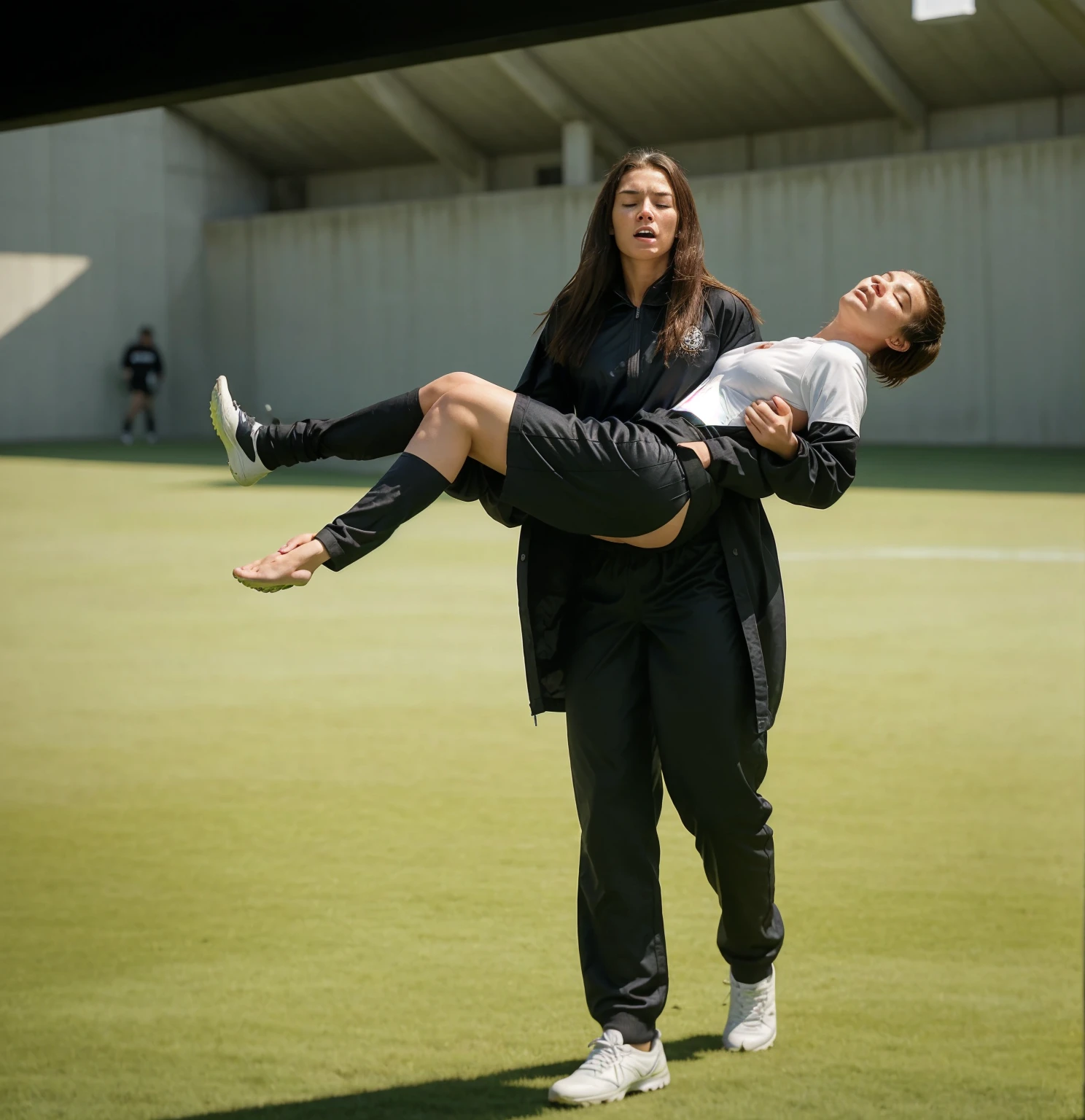 soccer action pose, cradle-carry-pose, Erste help in einem Sportstadion, affection pose, lecherous action pose, dramatic action pose, theatralic pose, There is an attractive long-haired woman, a wounded athlete in her arms, There is a beautiful long-haired woman in a shiny black outfit, who carries a short-haired young footballer in her arms, a long-haired beautiful woman in a high-gloss black down coat, a long-haired woman in a shiny black coat, A woman wears a short-haired man, Wearing a matte cotton sports outfit, a weak man in matte cotton sports shorts is consciousless and needs to be carried, A short-haired man with closed eyes is carried by a long-haired woman, a woman looks very scared and terrified, a consciousless man with closed eyes is suffering very much and has a very painful face, photoshot, photoshotshooting, photographed , accident, help, aid, Erste help, pity