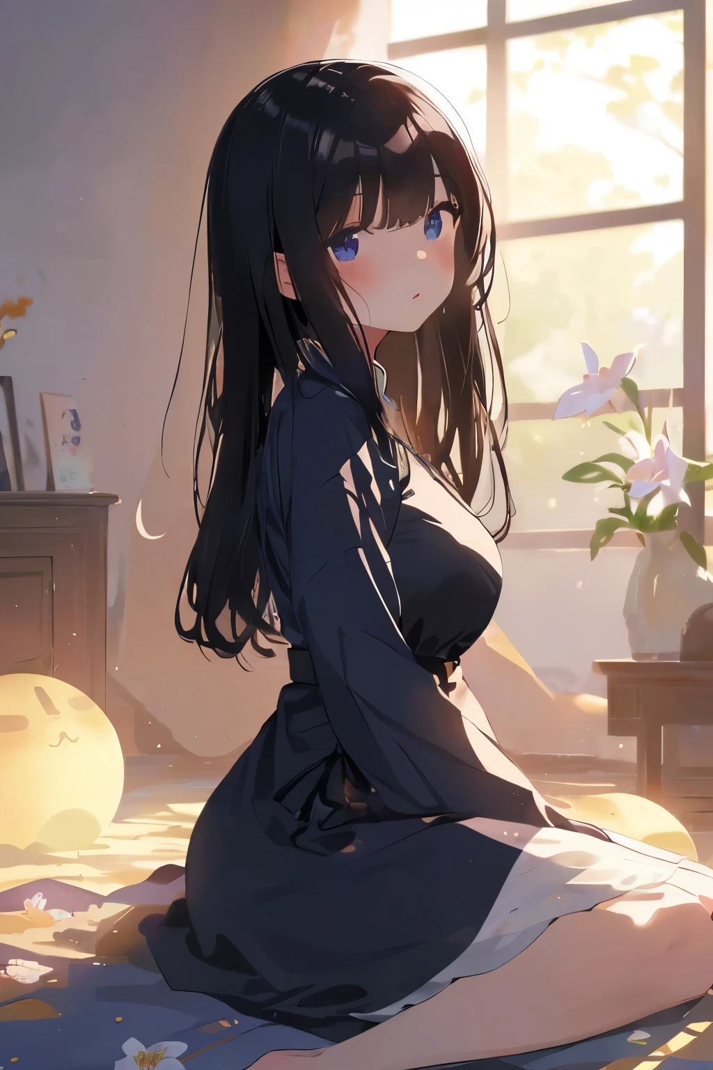 best quality, masterpiece, (独奏:1.2), (1 Female:1.2)、Age 25、Larger breasts、(Slender figure)、(from side:1.2)、(Sitting in front of the window)、(Resting in the heat:1.2)、(China dress:1.2)、(Thighs)、(White highlight in pupil:1.2)、Dark blue eyes、(Black-haired:1.2)、Straight bangs、(Long Hair)、(View your viewers:1.2)、White skin、(blush)、(Embarrassed expression)、(I blur the background a lot to make the woman stand out.:1.3)、(Half backlight)、Beautiful flowers in the background、Lily flower、Wooden Room