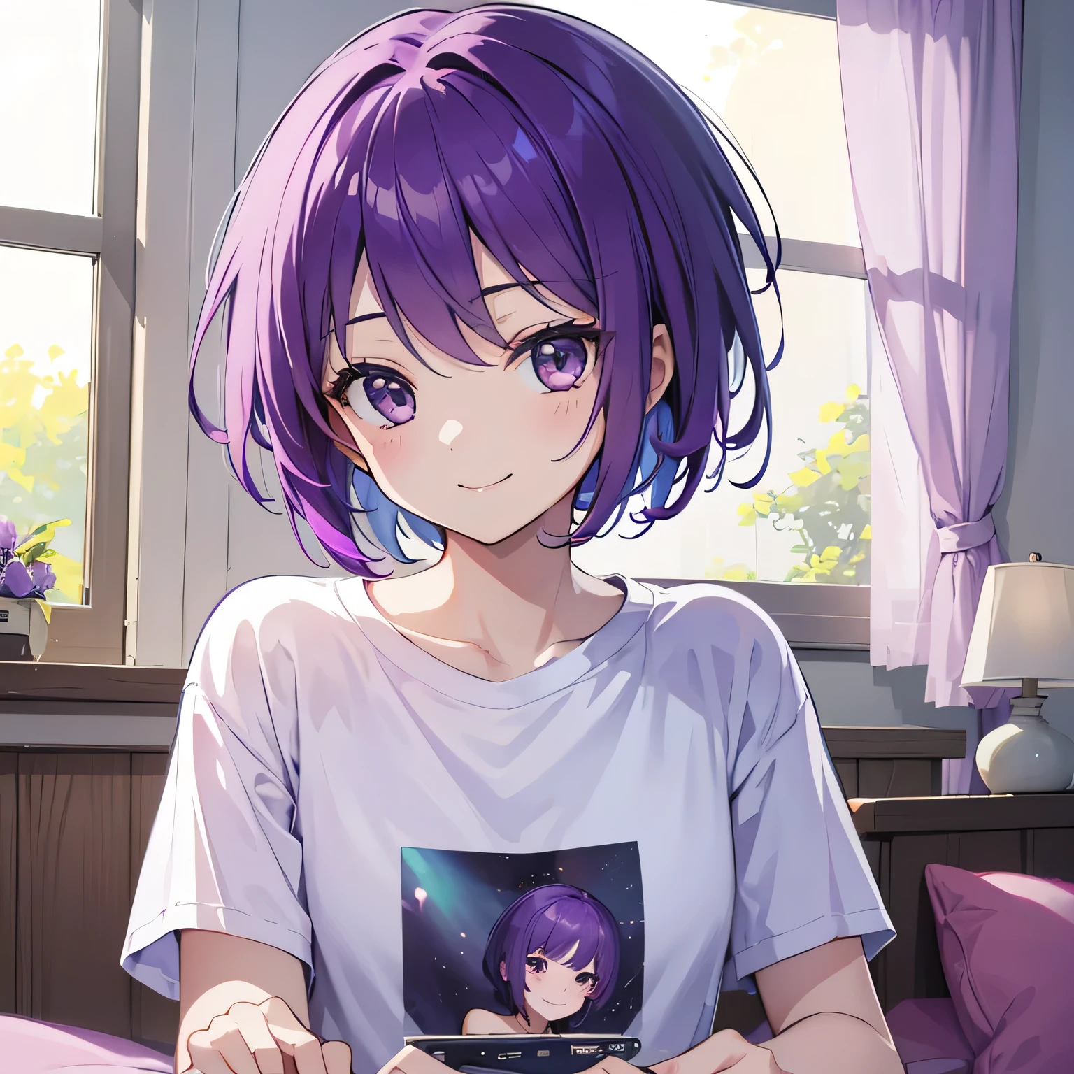 (T Masterpiece,4k wallpaper,Best Quality))、((girl1people))、(solo)、Bright and Brilliant,(Purple Hair)、(short hair:1.3)、smile、Bedroom、T-Shirts、morning
