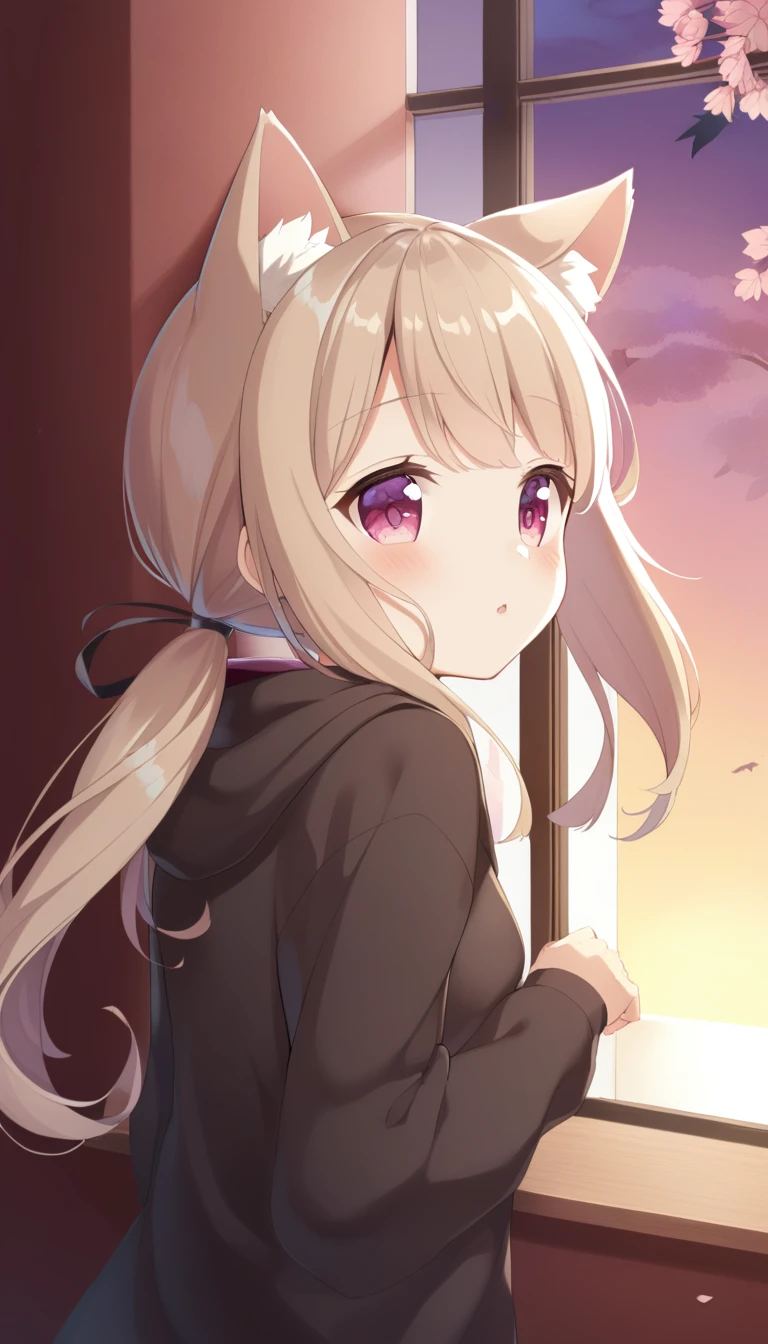 1 Girl, , Long hair, Low double ponytail, Fluffy twin ponytails, Light brown hair, Cat ears, Animal ear fluff, Pink Eyes, bedroom, window, Cherry blossoms, autumn,Fallen Leaves,maple, dawn, portrait, Upper Body