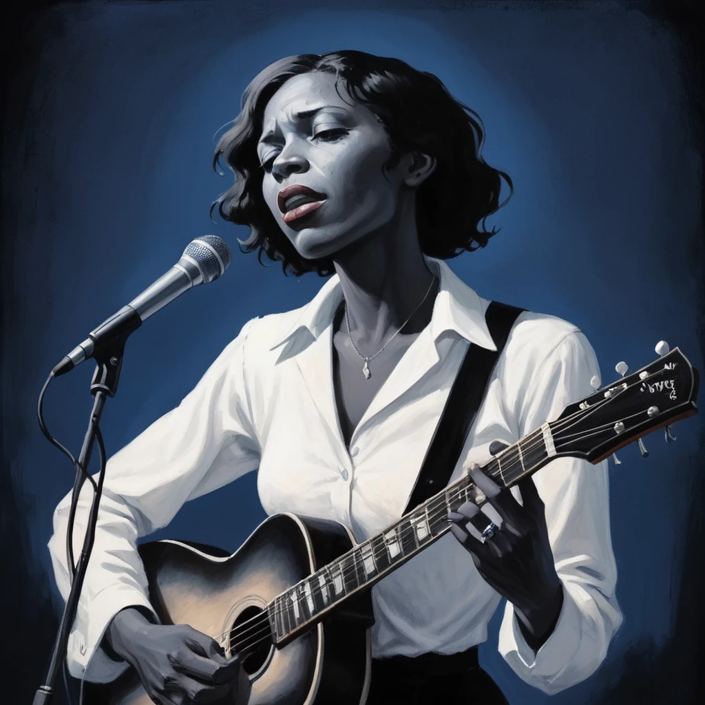 Robert Johnson, sandy, alabama bar, blue note, charismatic , illustration, white fantasy, bandera pride day, white lady, singing, solitary dark hair, sad ending, 