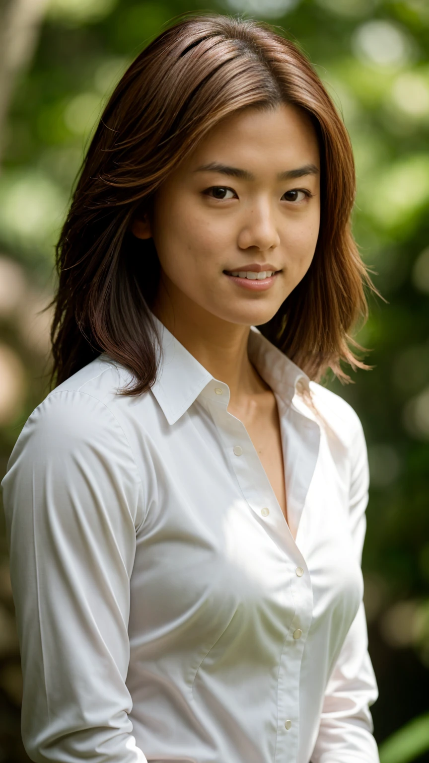 A stunning intricate color close up portrait of (sks woman:1) , Grace Park, wearing long sleeve white collar shirt, beautiful smile, high resolution, high quality, extreme detail, epic character composition, sharp focus, natural lighting, subsurface scattering, f2, 35mm, film grain, , by Dominique Issermann,