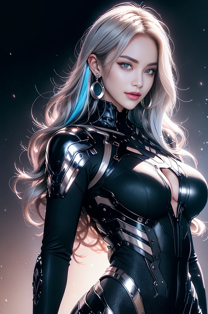 (masterpiece), best quality, expressive eyes, perfect face, beautiful details face, beautiful round eyes, upper body, A beautiful mature woman in cyber armour suit shows her Extremely busty and attractive breasts, (light smile), (midnight blue hair), glowing hair, multicolored hair, (random hairstyles, shiny hair, gradient hair, colored inner hair, (short straight hair),  medium short hair), (covered chest), fair skin, (beautiful detailed full bodysuit:1.3), full body cyber armour, glowing and shining armor, silver and blue cyber armour,(Edge lights:1.3), (silver and blue colour scheme:1.3), neon light on Armor, beautiful details eyes, (midnight blue eyes:1.2), (glowing eyes:1.2), hair ornament, (Gigantic saggy breasts:1.3), thick body, (well accentuated curves), pink lips, (silver nails), mascara, Long eyelashes, eyeliner, (Extremely wide well defined hips:1.3), (beautiful massive thick muscular thighs:1.3), has a tall slender figure, (Extremely detailed skin texture:1.1), beautiful detailed realistic muscle definition, golden fireflies that shimmer, high detailed eyes, ultra-high quality model, proportionate, intense colouration fantasy, (background Spiral galaxy), beautiful background, gold and silver tetradic colours, earrings, detached sleeves, jewelry, earring, (1girl), solo,