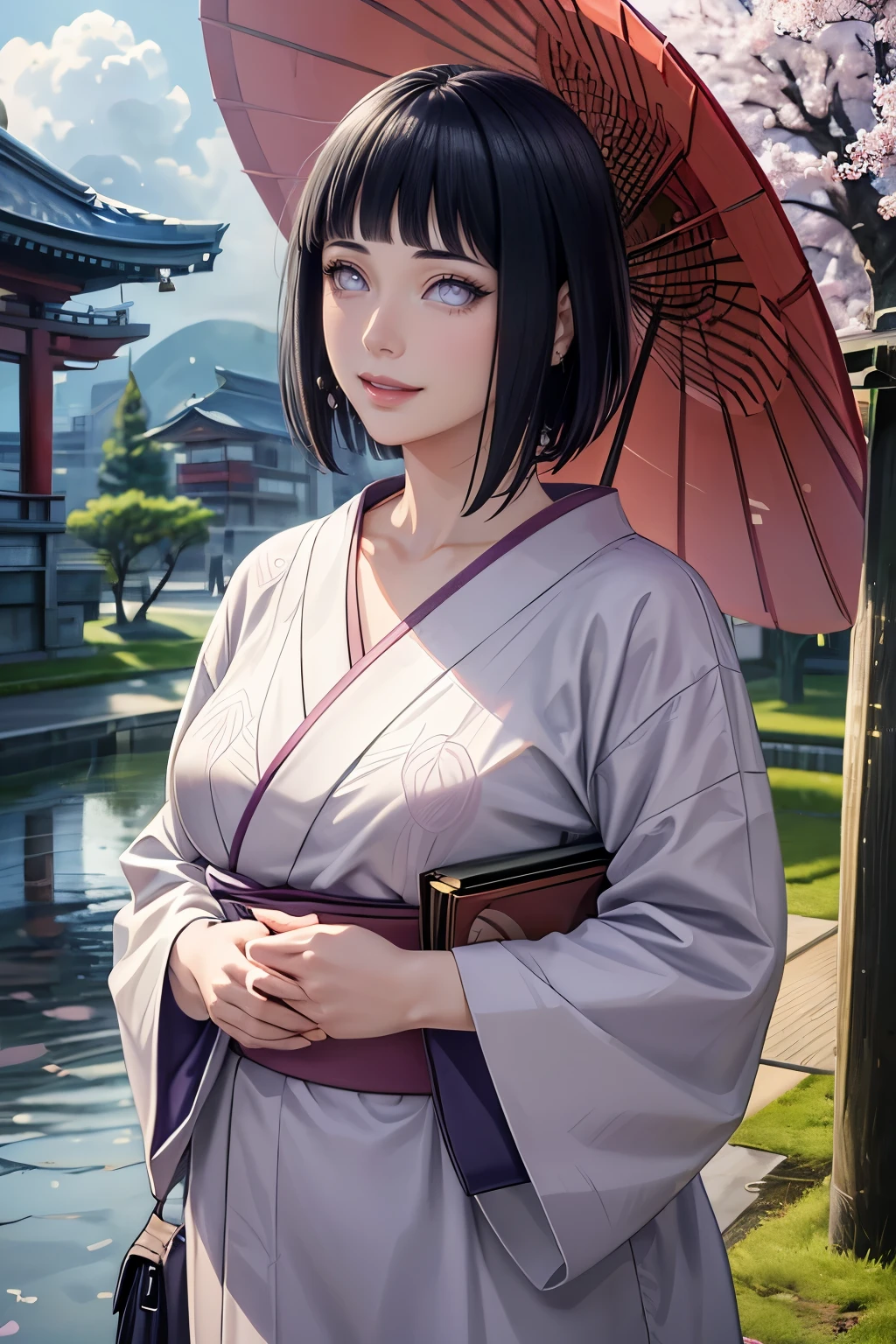 (best quality,4k,8k,highres,masterpiece:1.2),ultr
a-detailed,realistic,photorealistic:1.37,detailed
eyes,beautiful detailed lips, pale, hinata hyuga from Naruto wearing beautiful kimino, perfect figure, attractive rounded breasts, smiling, puffy lips, posing in cloudy weather, in front of japanese temple, people in the background, outdoor ,clouds, cherry blossom trees, green trees, sakura falling, posing with a bag, short hair, realistic hands, realistic hair, realistic nose, realistic lips, improve fingers, dark cloudy weather with no sunlight, wearing kimono, japanese traditional dress, crowded area, rainy clouds , purple patterned kimino, people going temple