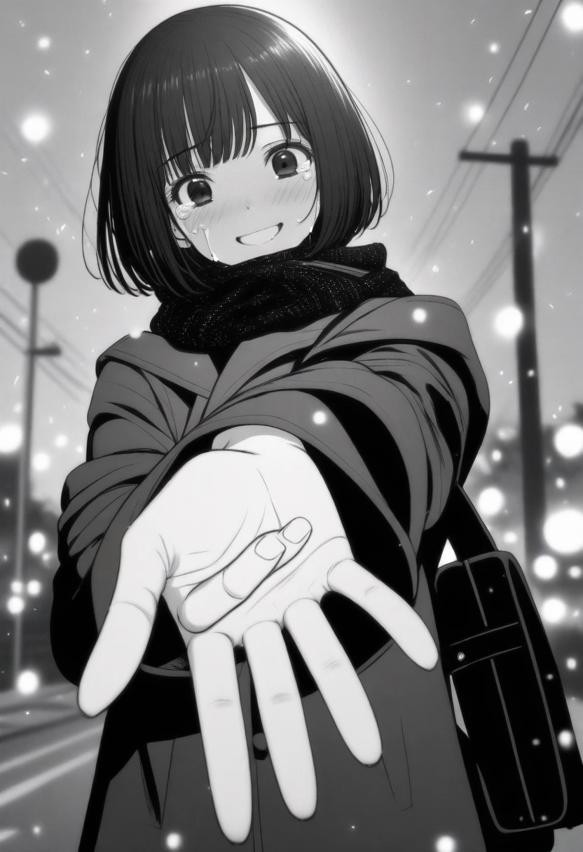 masterpiece, best quality, 1girl, mamerakkkkko, grayscale, manga style, japanese, chi no wadachi, black eyes, street, iced, black hair, schoolbag, smile, lineart, black coat, black scarf, black pleated skirt, leggins, centered, 18 years old, tall, fair skinned, bokeh background, crying, tears, tears streaming, bob cut, light particles, centered, snowing, (((reaching out left hand to viewer, perfect hand, detailed hand:1.1)), emotional anime scene, (very aesthetic, best quality, ultra detailed), intricate details