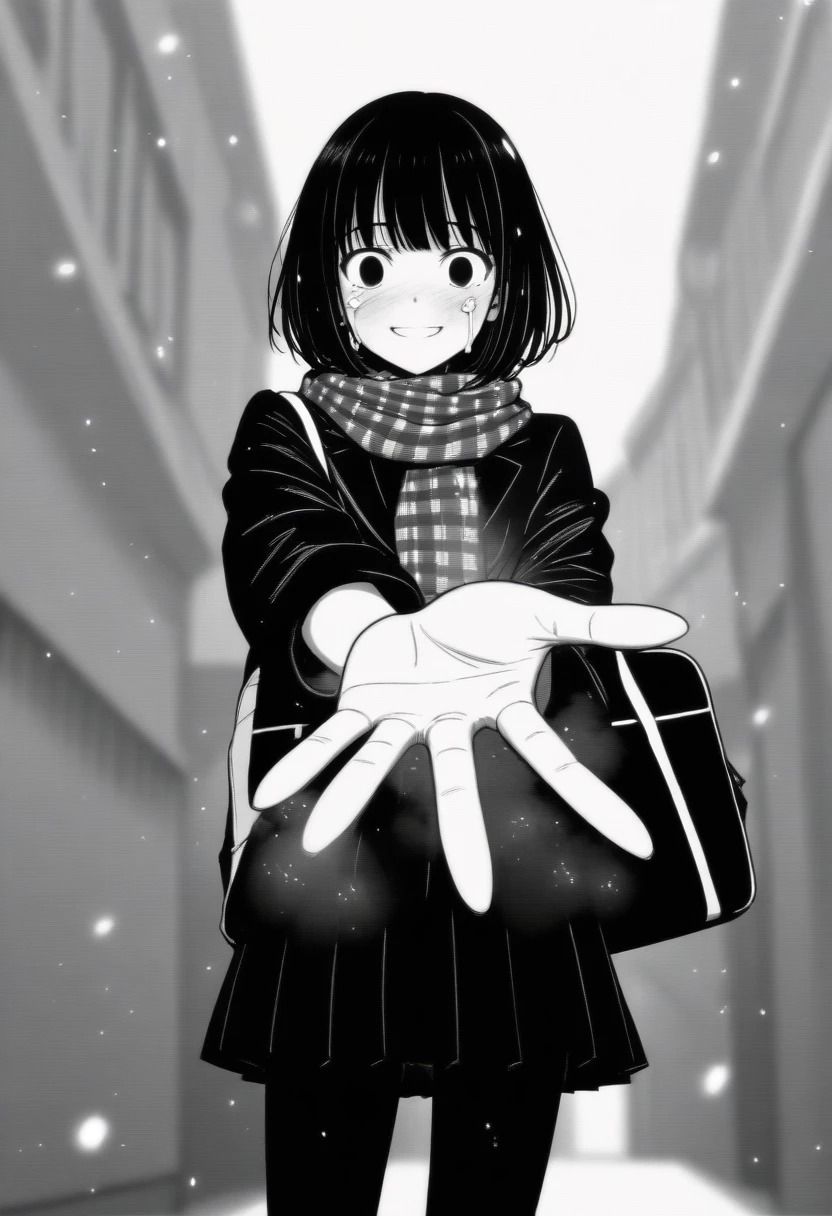 masterpiece, best quality, 1girl, mamerakkkkko, grayscale, manga style, japanese, chi no wadachi, black eyes, street, iced, black hair, schoolbag, smile, lineart, black coat, black scarf, black pleated skirt, leggins, centered, 18 years old, tall, fair skinned, bokeh background, crying, tears, tears streaming, bob cut, light particles, centered, snowing, (((reaching out left hand to viewer, perfect hand, detailed hand:1.1)), emotional anime scene, (very aesthetic, best quality, ultra detailed), intricate details