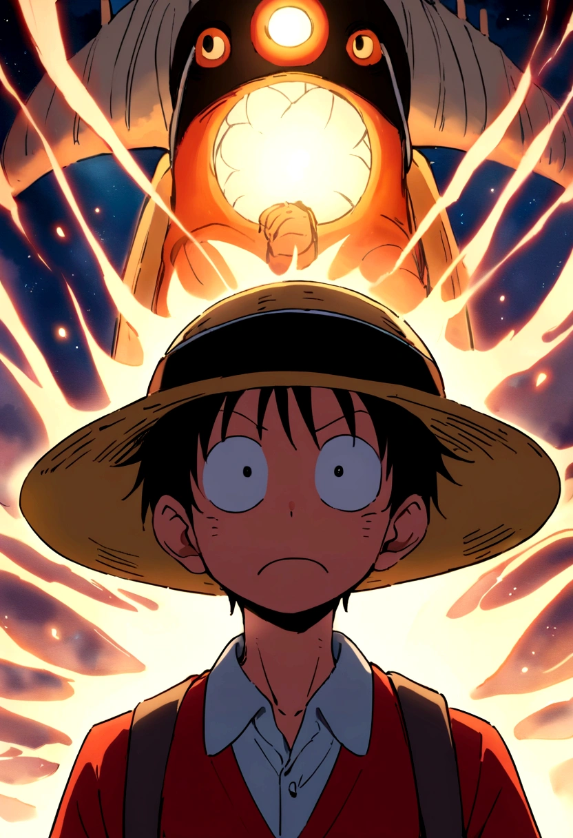 Luffy at the airport，Hayao Miyazaki style