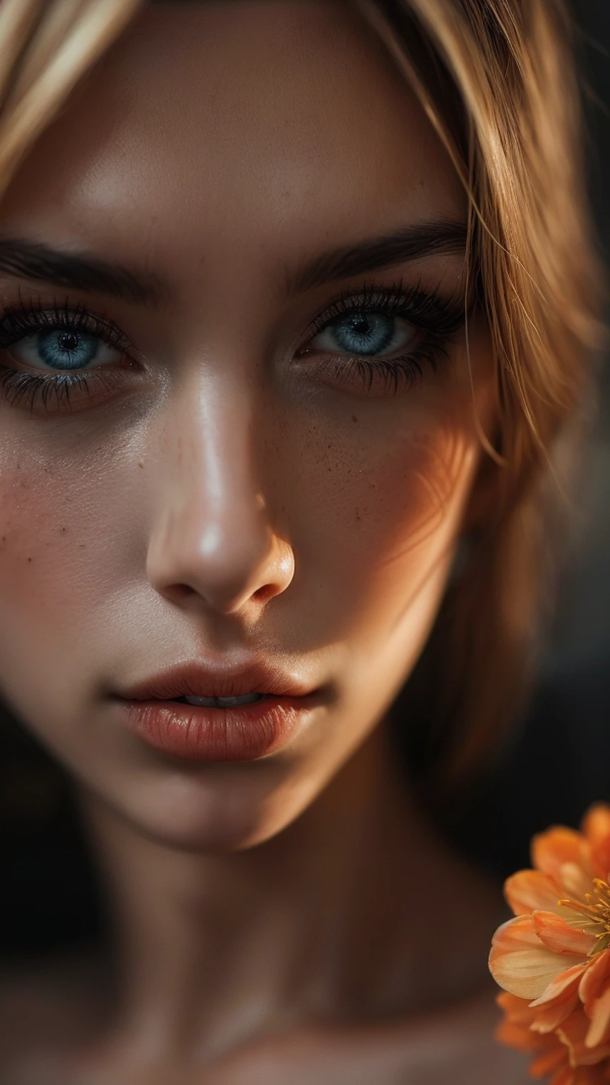 (((Ultra-realistic))), (artistic realization), (ultra-detailed face and eyes: 1.4), 1 girl, (blonde) , (naked) , (thick tousled hair), Detailed eyes, (large detailed lips) , makeup, (Natural breasts). (( many sakura flowers around,  close-up, close to the camera)), Dark atmosphere of the frame, (ultra detailed)