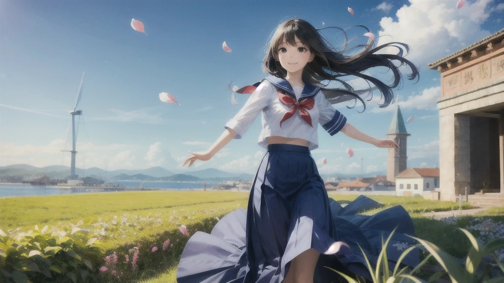 (masterpiece),  town,  blue sky,  One Girl,  smile,  alone,  Sailor suit、Long skirt,  Overgrown,  petal,  plant、Skirt lining、Translucent slip、Nostalgic、Strong winds、Skirt fluttering in the wind