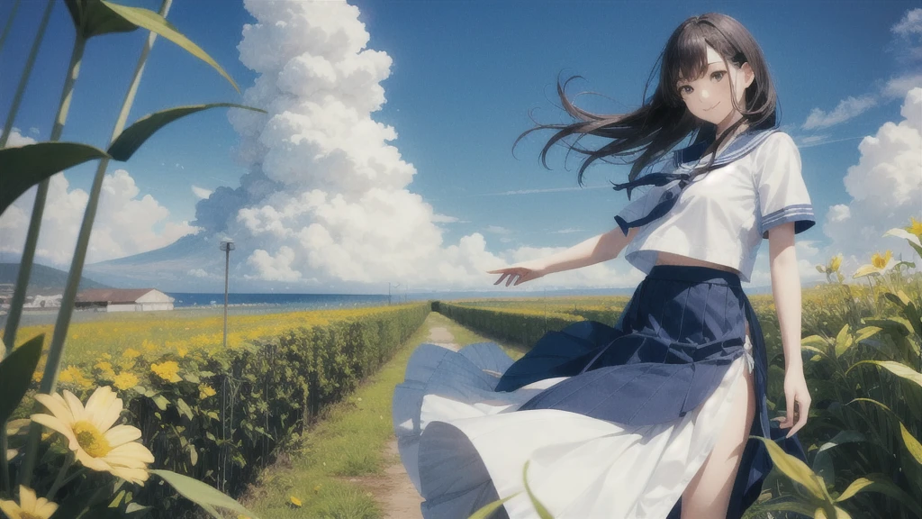 (masterpiece),  town,  blue sky,  One Girl,  smile,  alone,  Sailor suit、Long skirt,  Overgrown,  petal,  plant、Skirt lining、Translucent slip、Nostalgic、Strong winds、Skirt fluttering in the wind