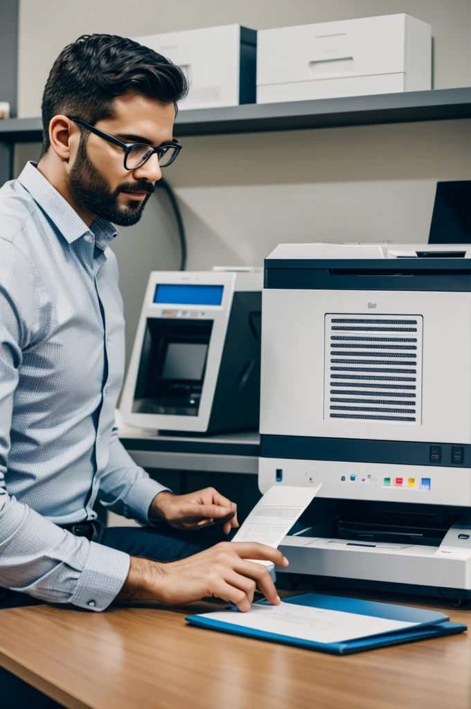 Generate an image of an professor that is using voice command in using a computer and printer and has a paper beside him