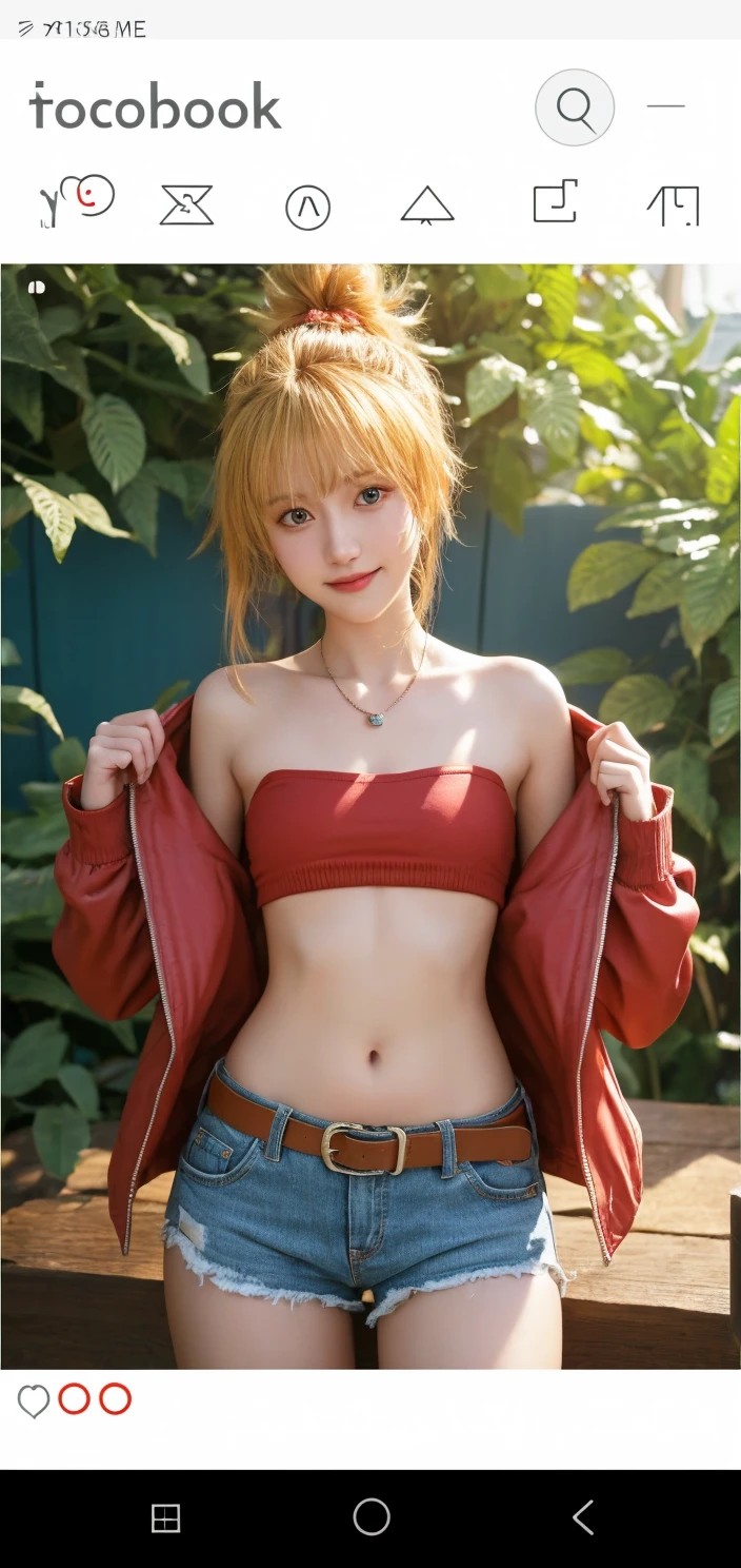 ((最high quality, 8K, masterpiece: 1.3, Ultra HD, high quality, 最high quality, High resolution, realism)) 、25-year-old Caucasian female、blue eyes、long hair、smile、slender、slenderだがアスリートのような細マッチョ、I want my head to stay off screen、Wear accessories on your wrist、Wearing red nail polish、I have a peticure、aerial perspective((atmospheric perspective))、smile((smiley))、background blur((depth of field)、crystal earrings((crystal earrings))、Dark Blonde、japanese hair((nihongami))、Zip-up front cut-out((front cutout))Wear a top from、Aladdin Pants((aladdin pants))Wear、My abs have a six-pack、I can see the belly button、Mules((mule))Wear