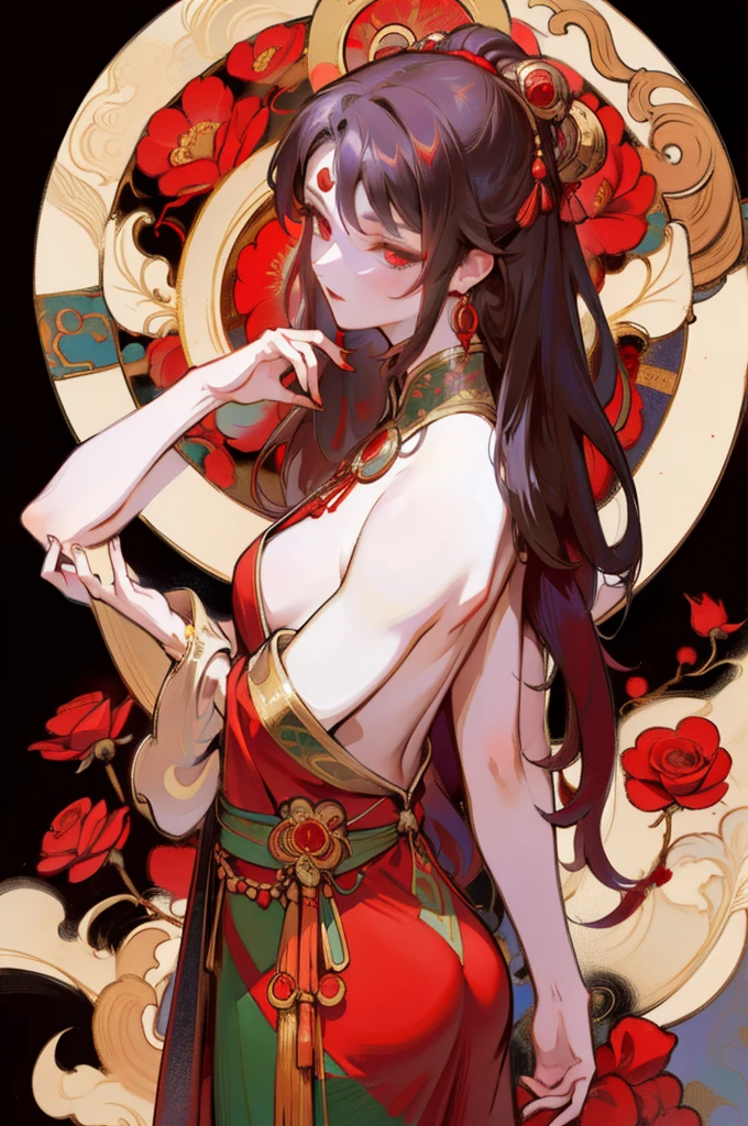 There is a woman's back in ancient China, back of the head, (only), (bare back tattoo), beautiful red eyes, detailed face, like a dream, red and gold flowers, Ukiyo style, artwork style Guwitz. , Guviz, Alphonse Mucha and Rose Drews, a beautiful artistic illustration, author: Li Song, author: heroes, author: Zou Zhe, by Zeng Jing, by Ye Xin, author: Shitao, author: Zhou Fang, Korean art nouveau anime, long loose hair, geisha clothes