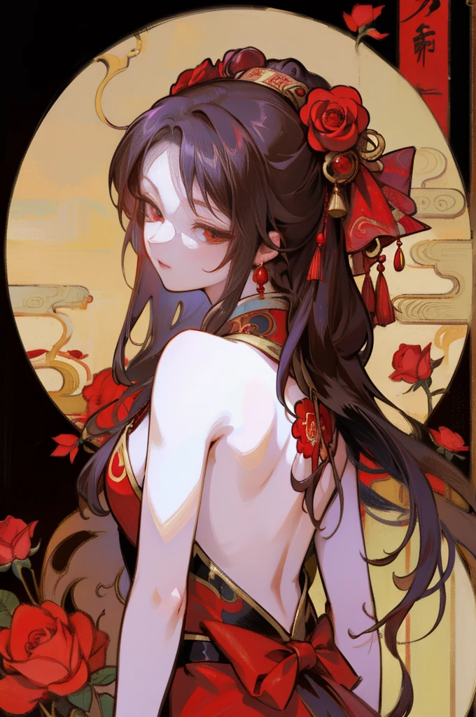 There is a woman's back in ancient China, back of the head, (only), (bare back tattoo), beautiful red eyes, detailed face, like a dream, red and gold flowers, Ukiyo style, artwork style Guwitz. , Guviz, Alphonse Mucha and Rose Drews, a beautiful artistic illustration, author: Li Song, author: heroes, author: Zou Zhe, by Zeng Jing, by Ye Xin, author: Shitao, author: Zhou Fang, Korean art nouveau anime, long loose hair, geisha clothes