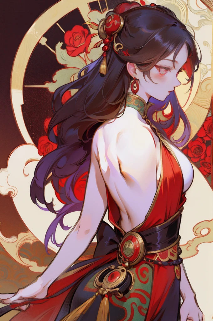 There is a woman's back in ancient China, back of the head, (only), (bare back tattoo), beautiful red eyes, detailed face, like a dream, red and gold flowers, Ukiyo style, artwork style Guwitz. , Guviz, Alphonse Mucha and Rose Drews, a beautiful artistic illustration, author: Li Song, author: heroes, author: Zou Zhe, by Zeng Jing, by Ye Xin, author: Shitao, author: Zhou Fang, Korean art nouveau anime, long loose hair, geisha clothes