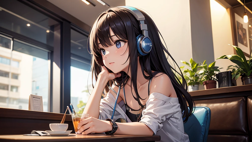 Girl with headphones enjoying music in a cafe I am studying Emphasize a little bit of the chest