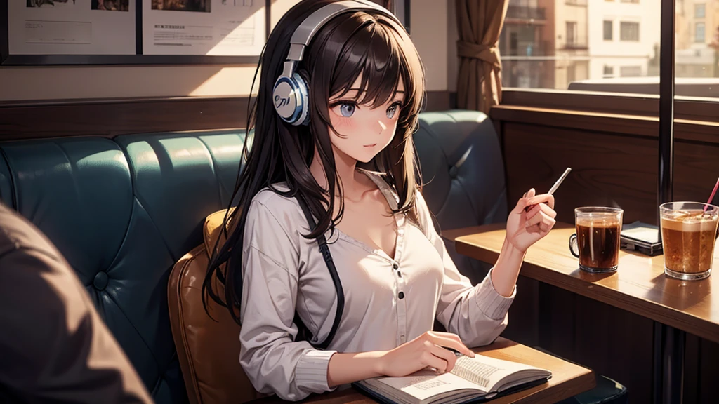 Girl with headphones enjoying music in a cafe I am studying Emphasize a little bit of the chest